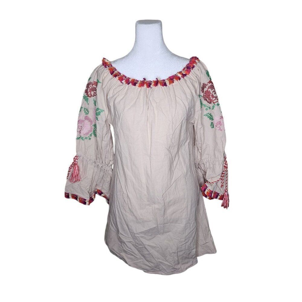 Velzera Boho Fringe Floral Embroidery Tunic Top Womens S Beige
